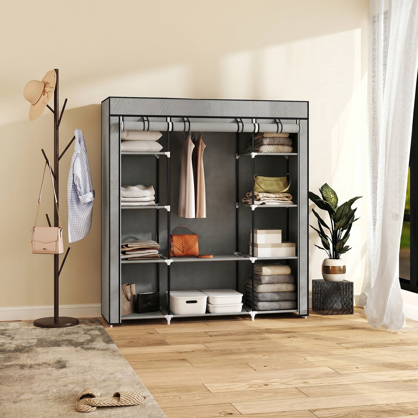 Clothes Storage Organiser with Hanging Rail, Shelves, Portable Wardrobe, Foldable Fabric Wardrobe, Light Grey