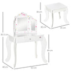 HOMCOM Kids Vanity Table and Chair Set with Tri-Folding Mirror and Stool, Makeup Dressing Table with Drawer, White