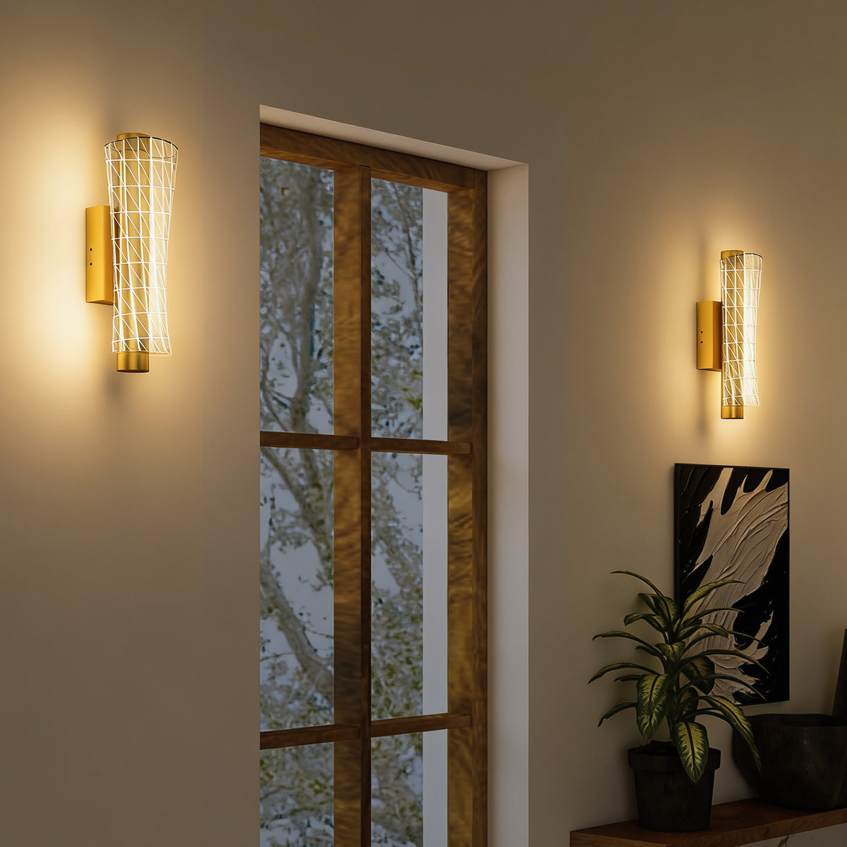 Led Wall Lamp 2 Pack, 9W Modern Indoor Geometric Mesh Wall Light, Colour Temperature Adjustable 3000K/4000K/6500K for Bedroom, Living Room, Hallway, Stairs, Gold Tone