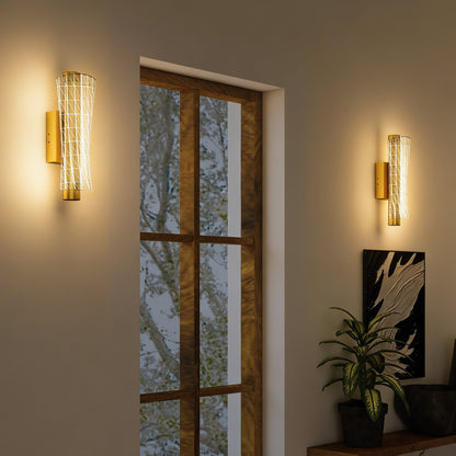 Led Wall Lamp 2 Pack, 9W Modern Indoor Geometric Mesh Wall Light, Colour Temperature Adjustable 3000K/4000K/6500K for Bedroom, Living Room, Hallway, Stairs, Gold Tone