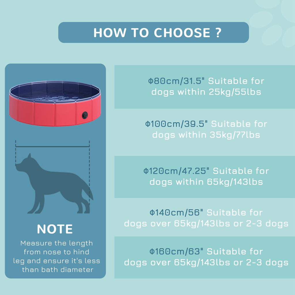 PawHut Foldable Dog Pool for Puppies and Ducks, Thickened PVC Dog Paddling Pool Bath Tub Hard Board, Anti-Slip Bottom and Drainage Hole, 80 x 20cm, Red and Blue