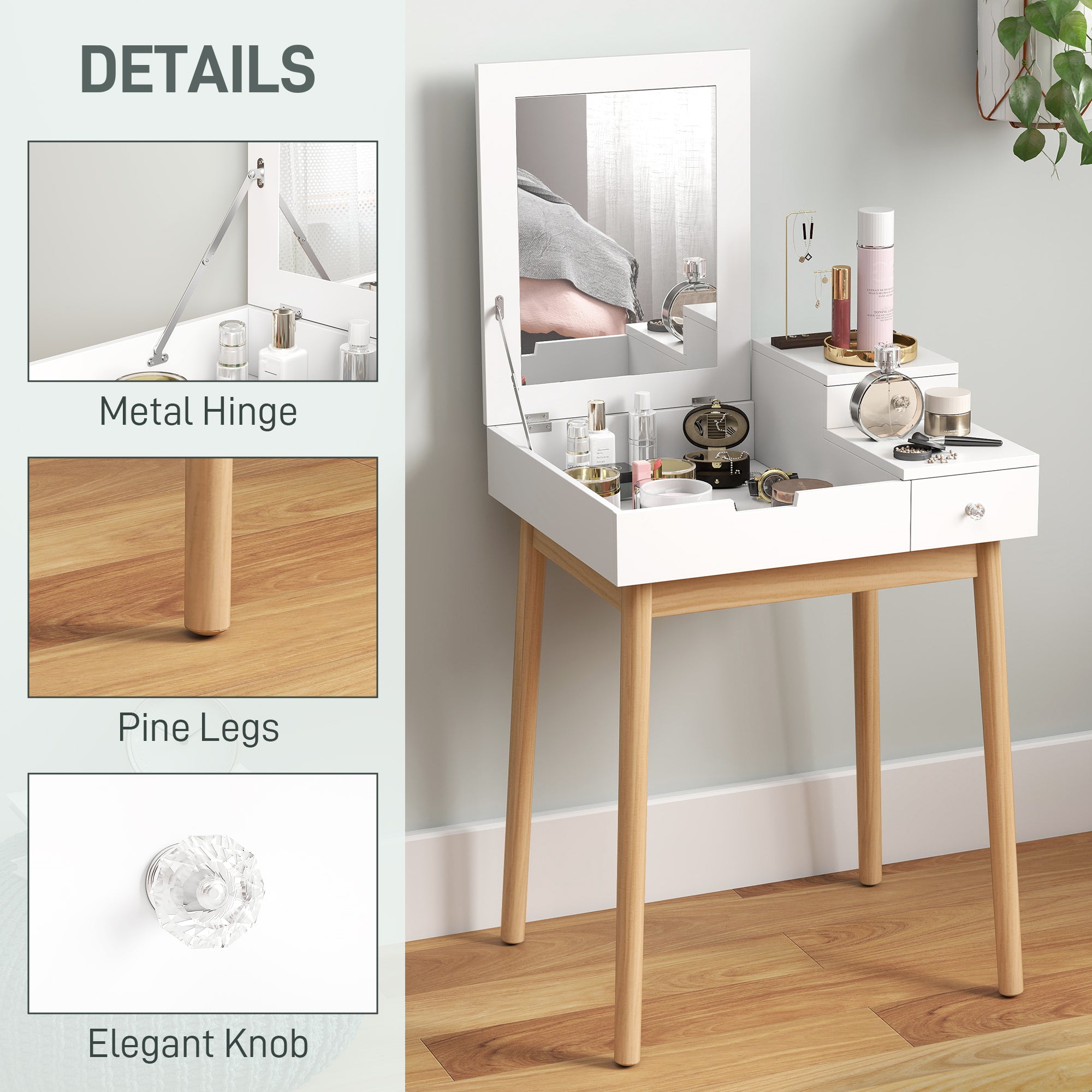 HOMCOM Dressing Table with Flip-up Mirror, Makeup Desk with 2 Drawers and Pine Wood Legs, Vanity Table Writing Desk for Bedroom Living Room, White