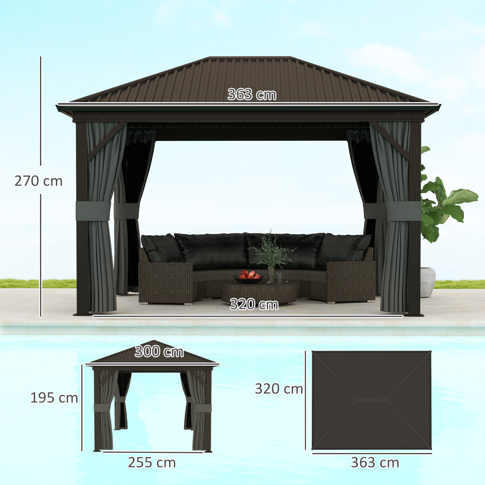 Outsunny 3.6 x 3 m Aluminium Hardtop Gazebo with Smart Drainage System and Ceiling Hooks- Dark Grey