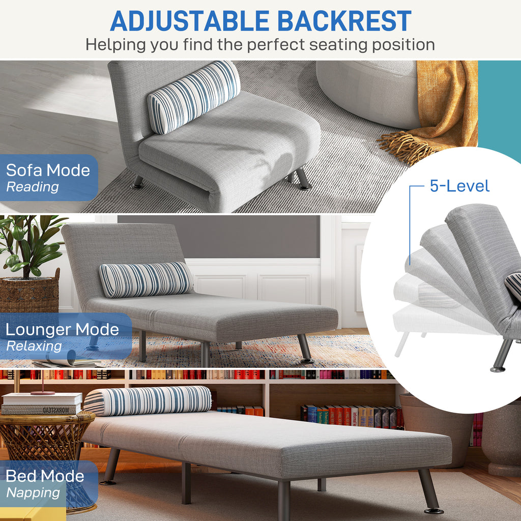HOMCOM Single Sofa Bed, 1 Person Sleeper Foldable Lounge with Pillow, Light Grey