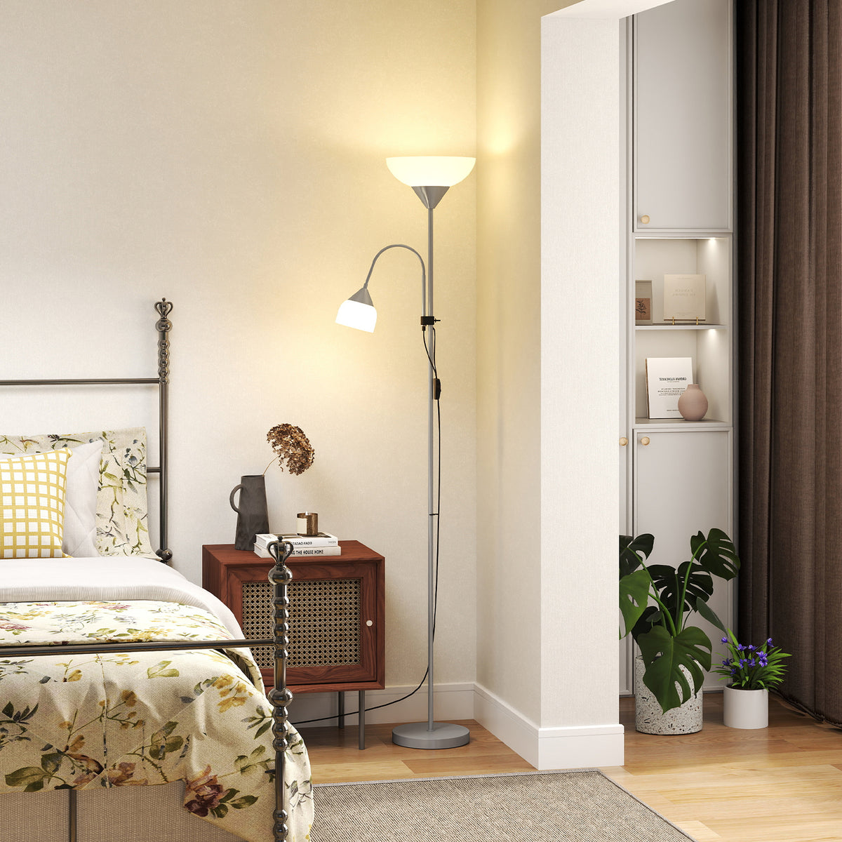 LED Floor Lamp for Living Room, 180cm Tall Standing Lamp, Mother and Child Uplighter with Adjustable Gooseneck, Silver Tone