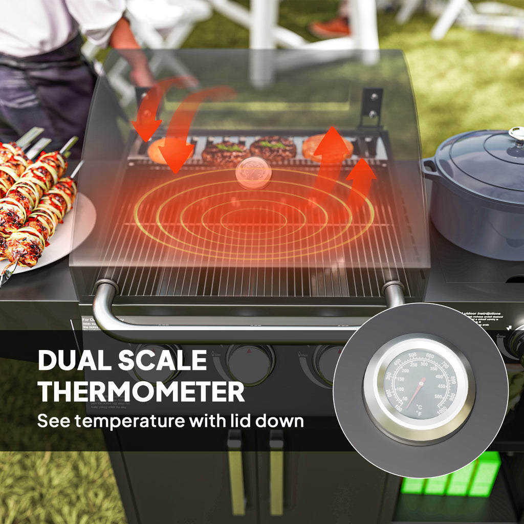 Outsunny 3+1 Burner Gas BBQ Grill with Storage Cabinet and Shelves, 9.5 kW Gas Barbecue Trolley with 6 Castor Wheels, Warming Rack, Thermometer for Outdoor Cooking Garden Party, Black