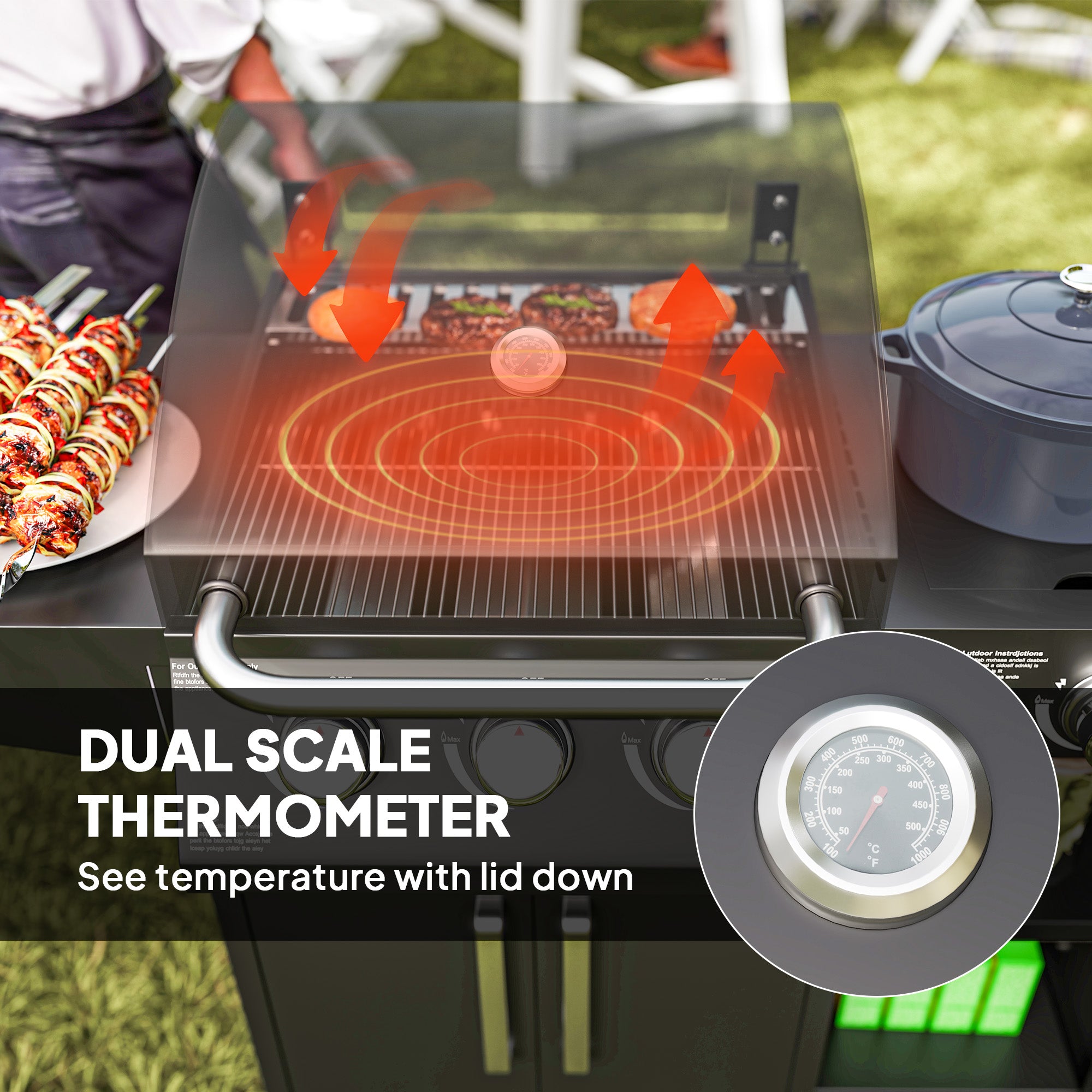 Outsunny 3+1 Burner Gas BBQ Grill with Storage Cabinet and Shelves, 9.5 kW Gas Barbecue Trolley with 6 Castor Wheels, Warming Rack, Thermometer for Outdoor Cooking Garden Party, Black