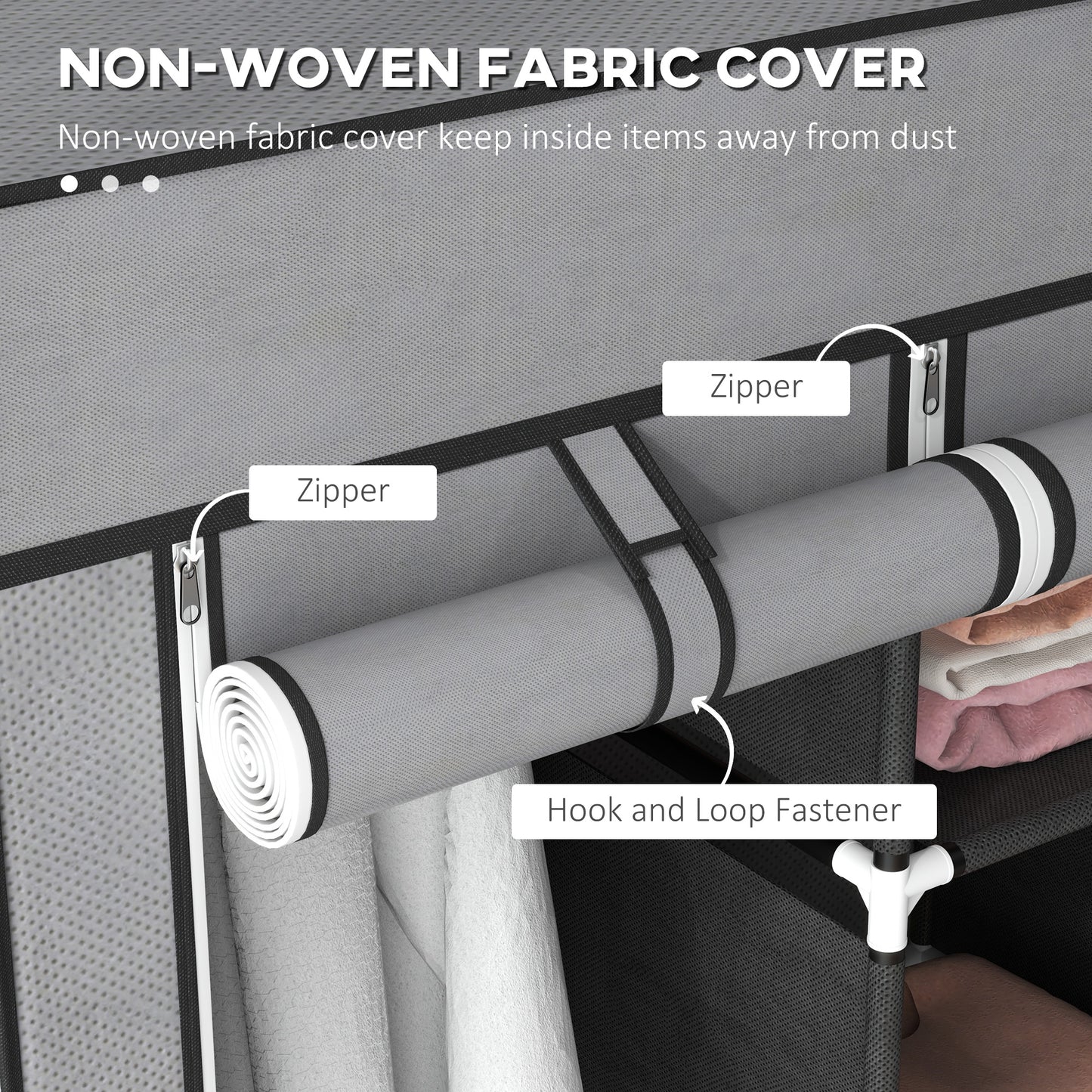 Foldable Fabric Wardrobe for Bedroom, Portable Wardrobe with 5 Shelves, 2 Hanging Rails and 3 Fabric Drawers, Dark Grey