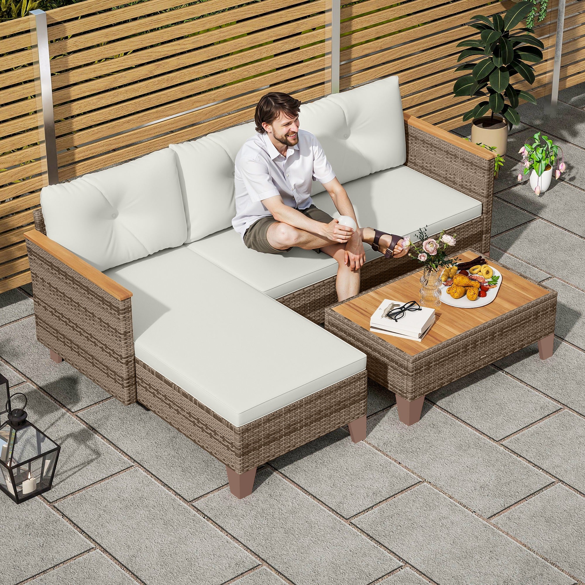 Outsunny 3 Pieces Rattan Garden Furniture Set, L Shaped Garden Conversation Chaise Lounge Furniture with Wood Top Coffee Table and Thick Cushions, Cream