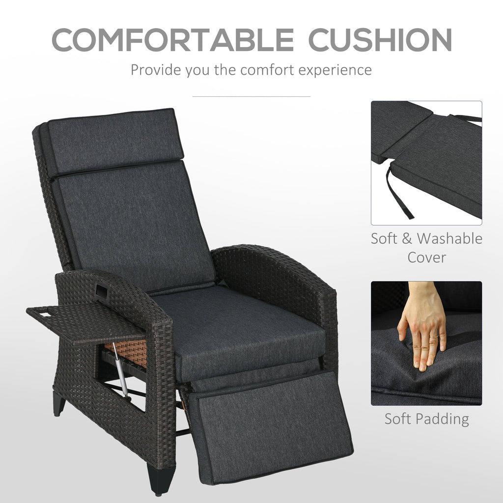 Outsunny Outdoor Recliner Chair with Adjustable Backrest and Footrest, Cushion, Side Tray, Dark Grey/Brown