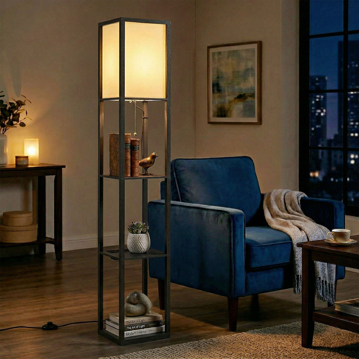 Floor Lamp with Shelves, 3 Layer Column Modern Standing Lamp for Living Room, Bedroom, Office, Black