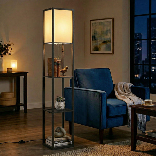 Floor Lamp with Shelves, 3 Layer Column Modern Standing Lamp for Living Room, Bedroom, Office, Black
