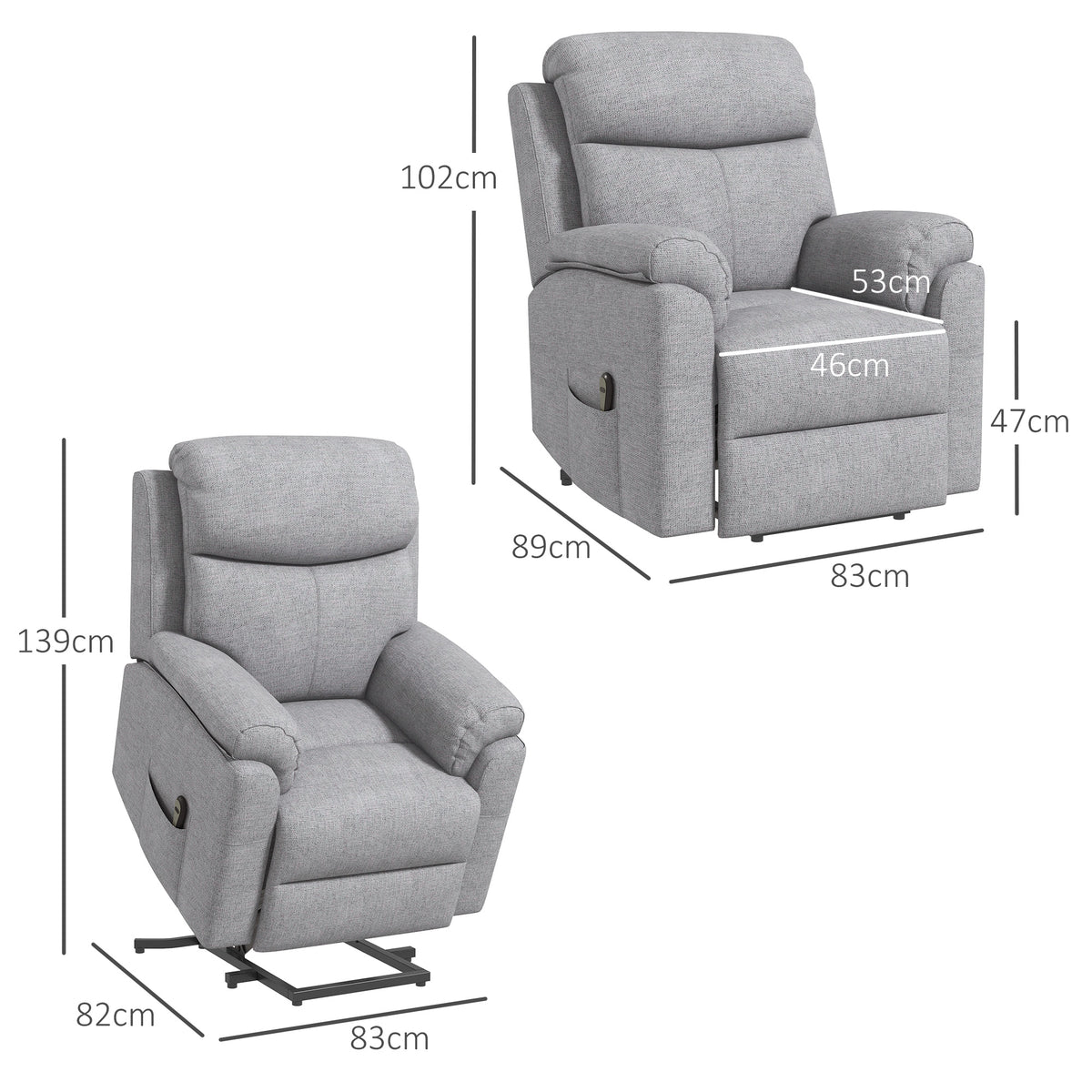 Power Lift Recliner Chair, Electric Lift Chair for Elderly, Overstuffed Linen Fabric Riser and Reclining Armchair with Remote Control, Side Pockets, for Living Room, Grey