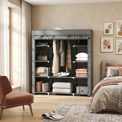 Clothes Storage Organiser with Hanging Rail, Shelves, Portable Wardrobe, Foldable Fabric Wardrobe, Dark Grey