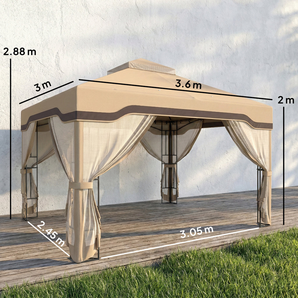 Outsunny 3 x 3.6 m Outdoor Garden Gazebo with Post Shelves, UPF50+ Patio Permanent Pavilion with Hook, Khaki
