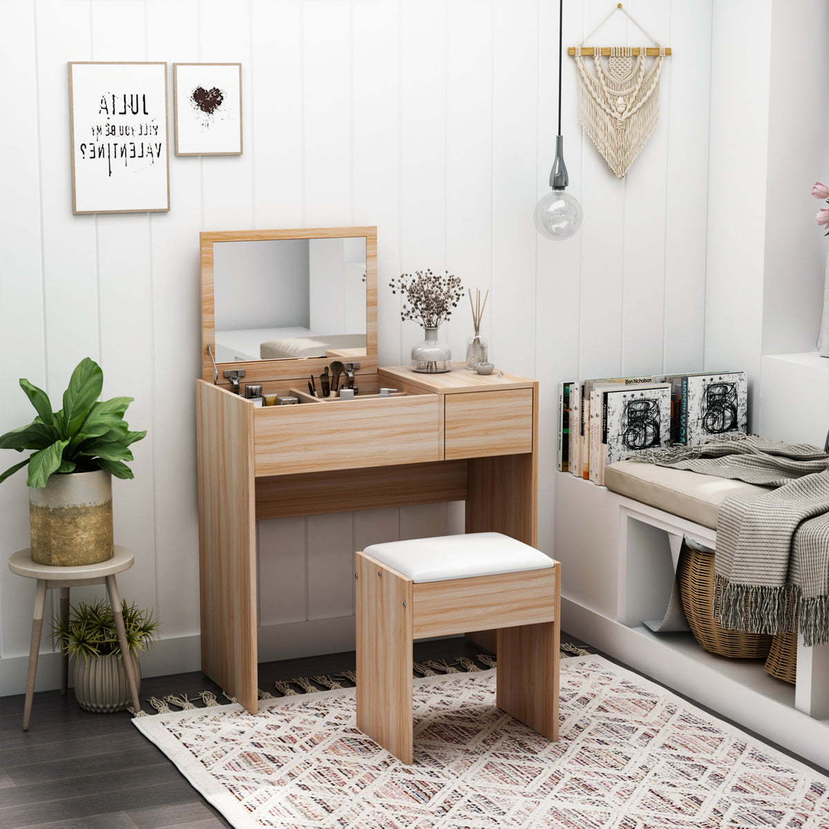 Dressing Table with Flip-Up Mirror and Cushioned Stool, Makeup Vanity Desk with Hidden Compartments and Storage Drawer, Convertible Writing Table for Bedroom, Natural