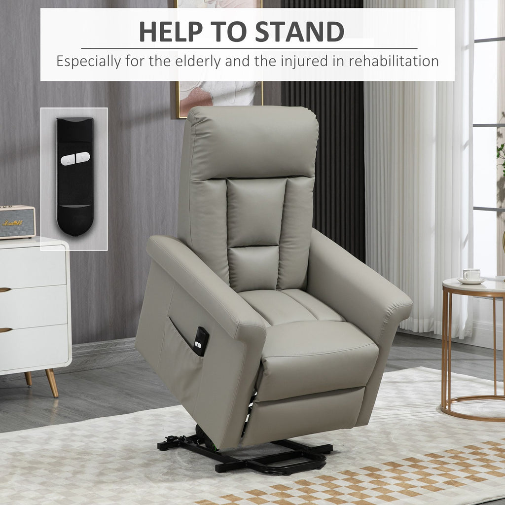 HOMCOM Power Lift Chair Armchair for the Elderly, PU Leather Recliner Chair with Extended Footrest, Remote Control and Side Pocket, Grey