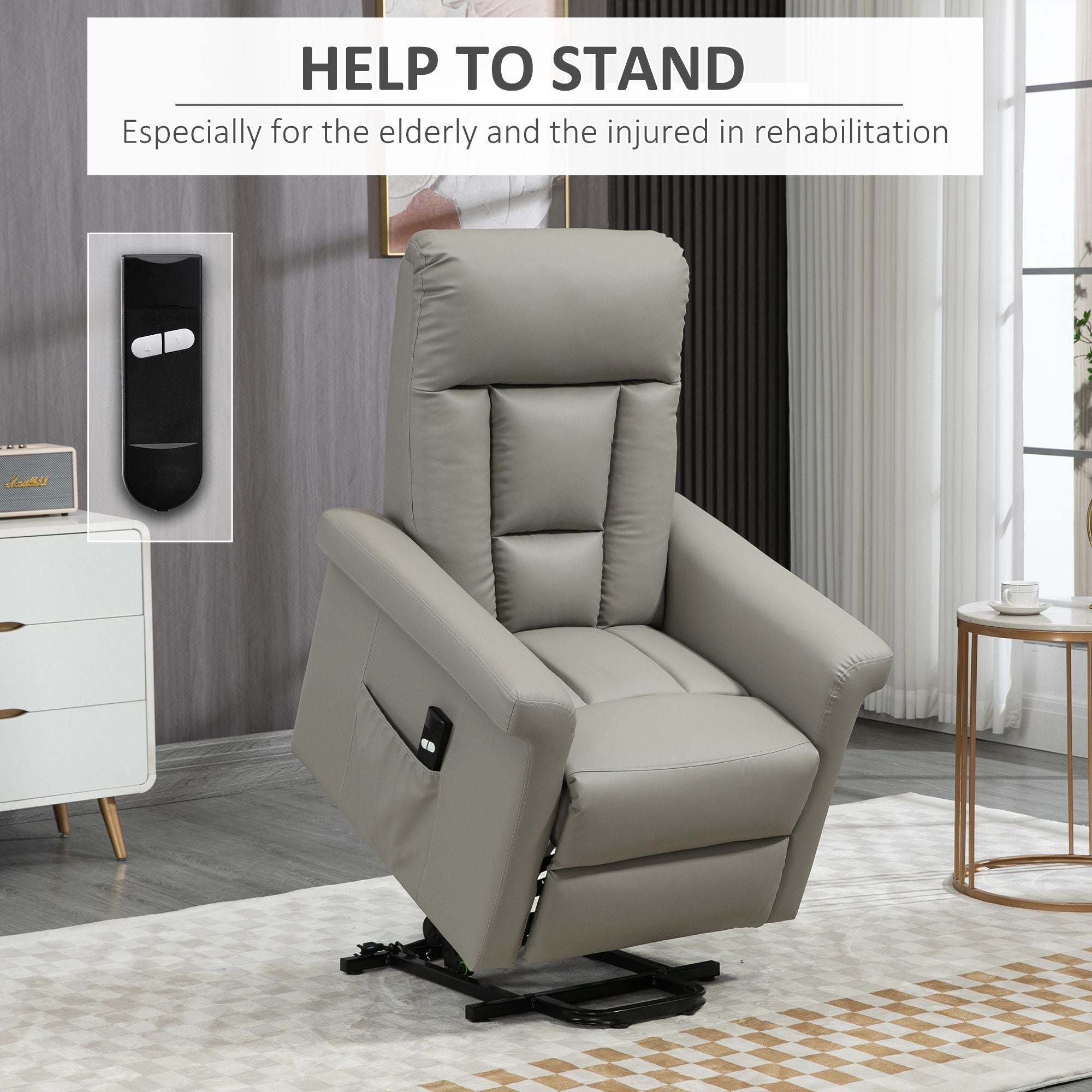HOMCOM Power Lift Chair Armchair for the Elderly, PU Leather Recliner Chair with Extended Footrest, Remote Control and Side Pocket, Grey