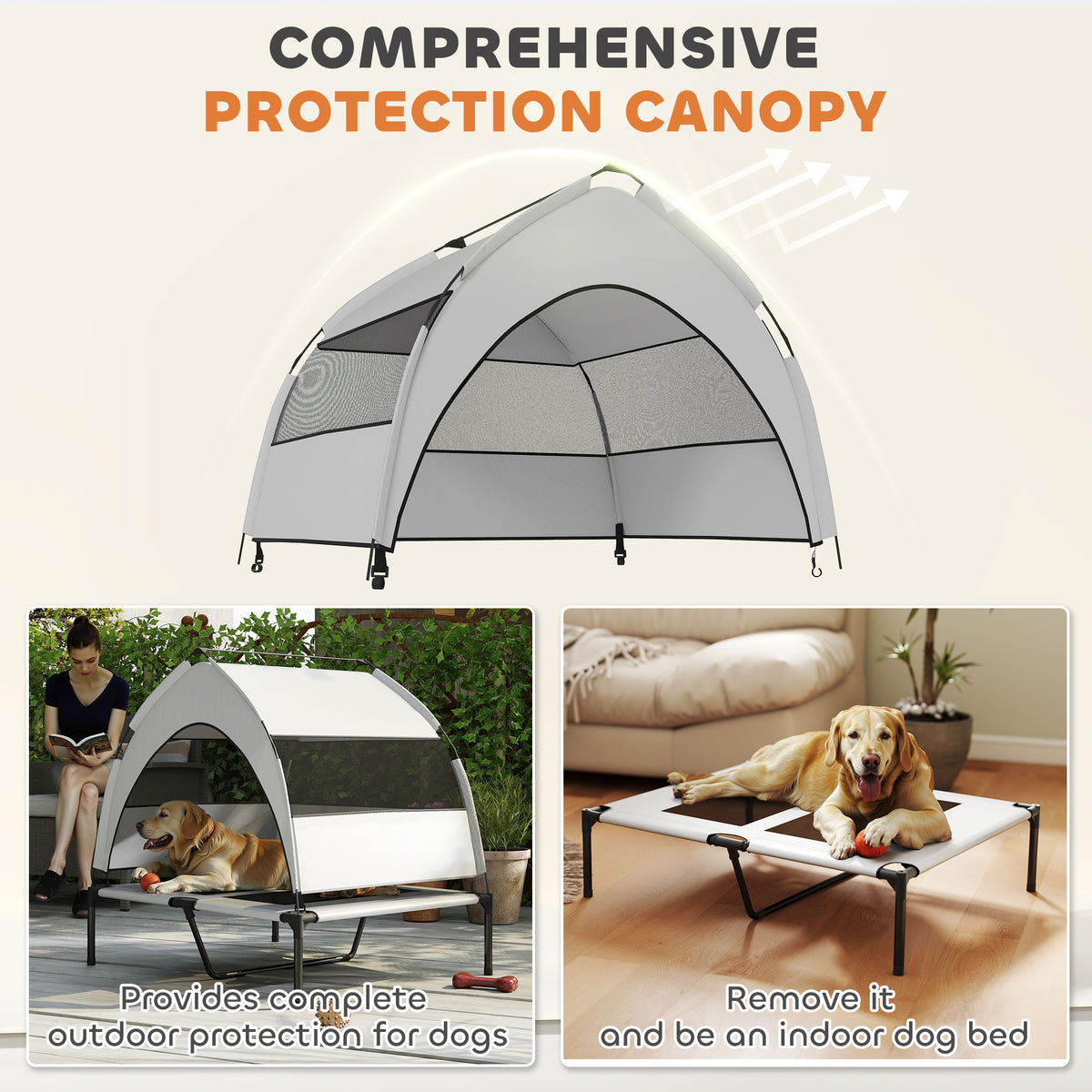 PawHut Portable Elevated Dog Bed with Removable Canopy, Cooling Raised Pet Cot for Medium Large Dogs, 92 x 75 x 85 cm