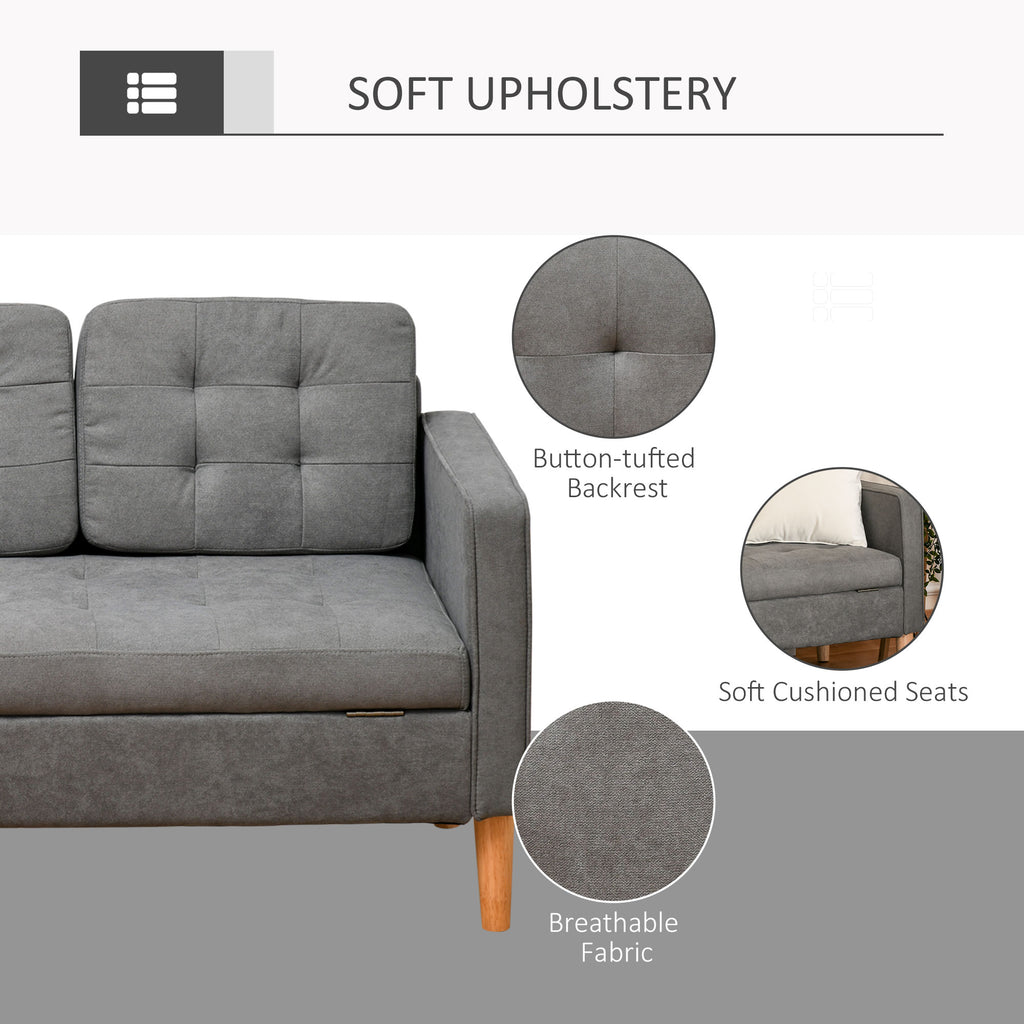 HOMCOM 3 Seater Storage Sofa, Fabric Couch with Hidden Under Seat Storage, Thick Cushions, Compact Space Saving Settee with Rubberwood Legs for Living Room, Apartment, Grey