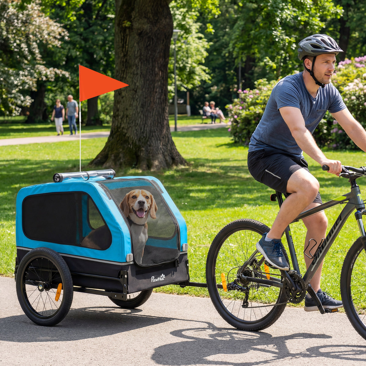 PawHut Dog Bike Trailer with Flip-Down Ramp Tailgate, Quick Release Frame, Universal Bicycle Coupler, Reflectors, Blue