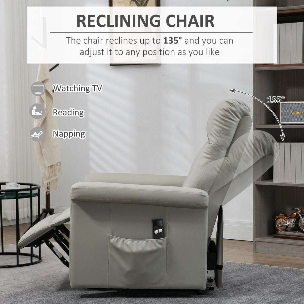 HOMCOM Power Lift Chair Armchair for the Elderly, PU Leather Recliner Chair with Extended Footrest, Remote Control and Side Pocket, Grey