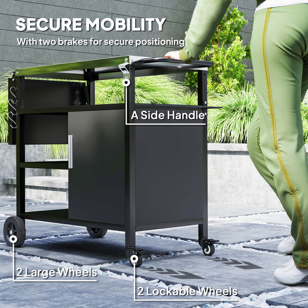 Outsunny Outdoor BBQ Trolley with Foldable Side Table, Stainless Steel Top, Outdoor Kitchen with Wheels Hooks Shelves Cabinet, Pizza Oven Table Movable Barbecue Grill Dining Cart with Cover, Black