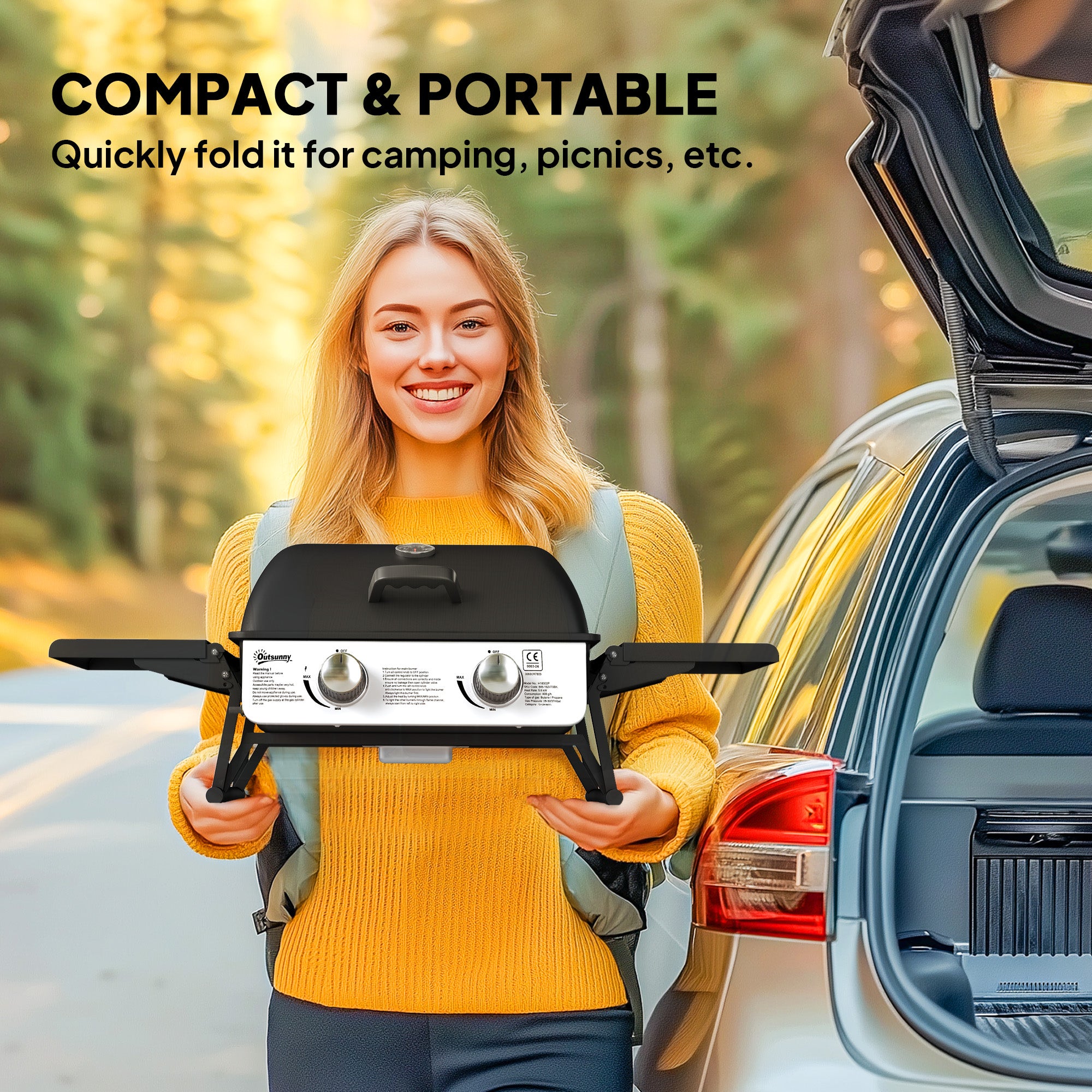Outsunny Two-Burner Compact Gas Grill with 2 Folding Side Shelves - Black