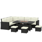 Outsunny 7 Pieces PE Rattan Garden Furniture Set, 50,000 BTU Gas Fire Pit Table, Double Corner Sofa and 3 Footstools