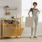 HOMCOM Double Tilt Out Bamboo Laundry Cabinet, Freestanding Bathroom Cabinet with 2 Removable Baskets, Natural
