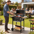 Outsunny Charcoal BBQ Grill with Height Adjustable Charcoal Pan, Barbecue Smoker with Warming Rack, 3 Shelves, Temperature Gauge, Wheels, Bottle Opener for Outdoor Cooking Garden Party