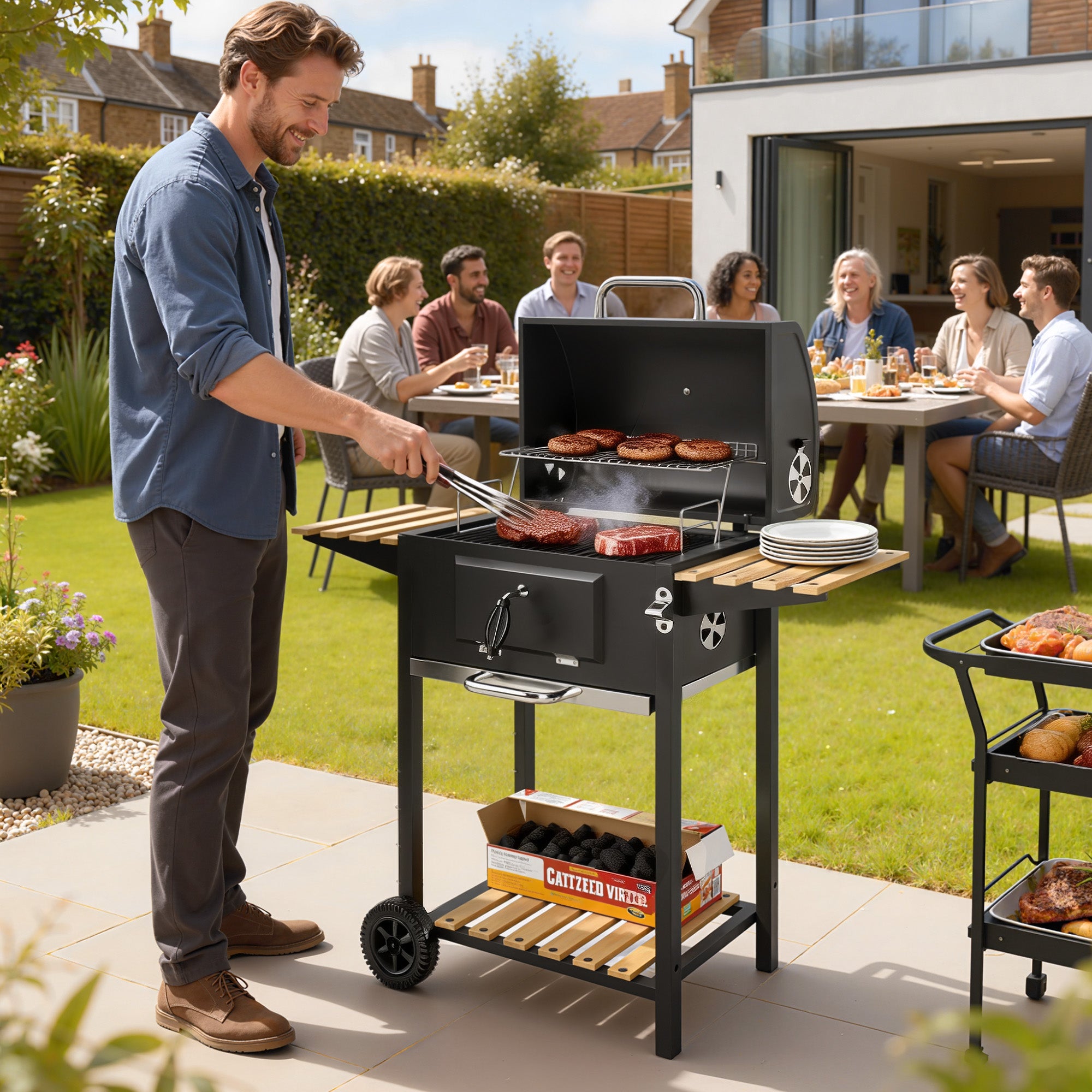 Outsunny Charcoal BBQ Grill with Height Adjustable Charcoal Pan, Barbecue Smoker with Warming Rack, 3 Shelves, Temperature Gauge, Wheels, Bottle Opener for Outdoor Cooking Garden Party