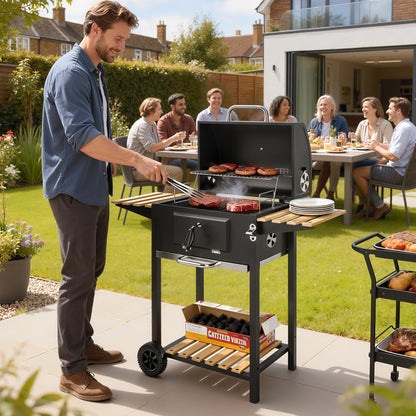 Outsunny Charcoal BBQ Grill with Height Adjustable Charcoal Pan, Barbecue Smoker with Warming Rack, 3 Shelves, Temperature Gauge, Wheels, Bottle Opener for Outdoor Cooking Garden Party