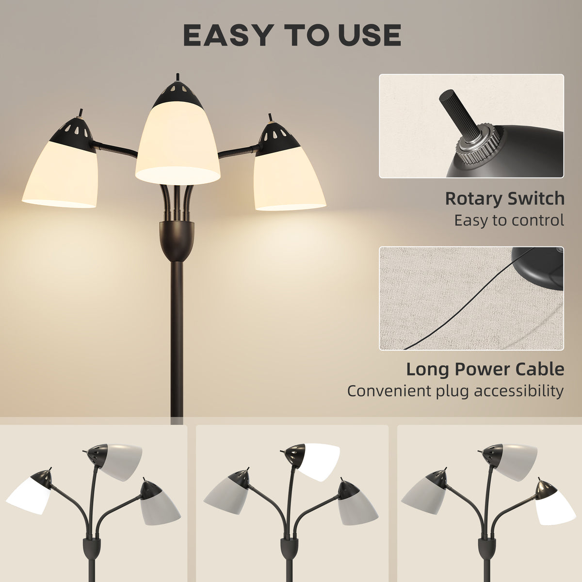 Arc Tree Floor Lamp with 3 Adjustable Rotating Lights and 3000K/4500K/6500K Colour Temperatures, Industrial Standing Lamp with Steel Frame for Bedroom Living Room, 155cm, Black