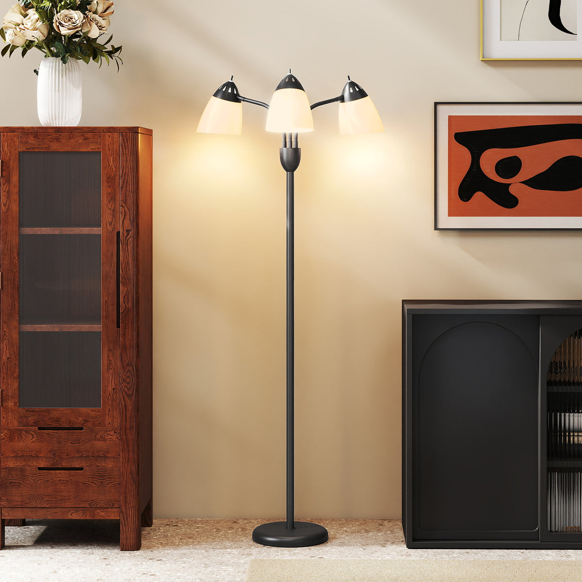 Arc Tree Floor Lamp with 3 Adjustable Rotating Lights and 3000K/4500K/6500K Colour Temperatures, Industrial Standing Lamp with Steel Frame for Bedroom Living Room, 155cm, Black