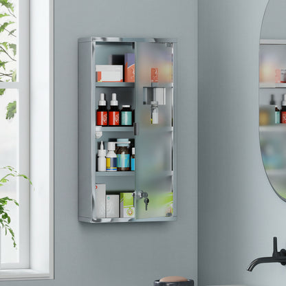 4 Tier Stainless Steel Wall Mounted Medicine Cabinet Glass Lockable Door Storage Shelves Houseware Bathroom Furniture 60Hx30Wx12D(cm) w/2 Keys