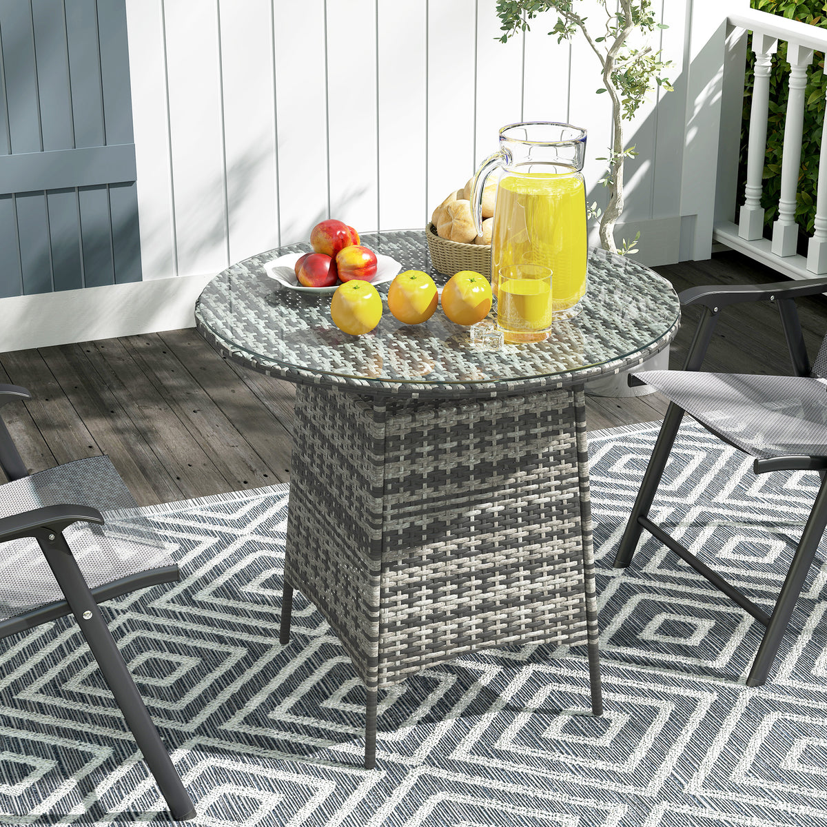 Outsunny Wicker Garden Rattan Table, Patio Furniture Outdoor Coffee Table with Umbrella Hole and Tempered Glass Top, Grey