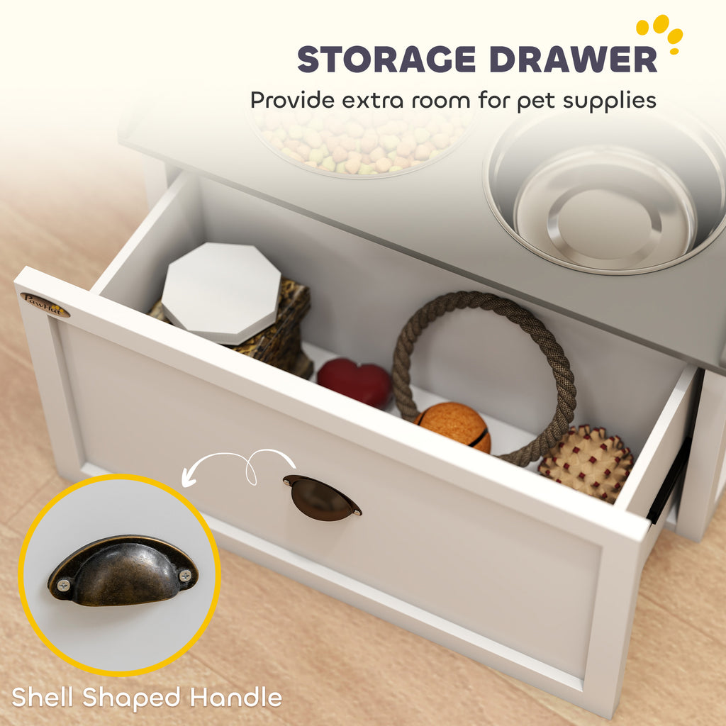 PawHut Stainless Steel Raised Dog Bowls, with 21L Storage Drawer for Large Dogs and Cats - White