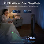 28dB Tower Fan for Bedroom, 36 inch, 8 m/s Velocity Standing Cooling Fan with 80° Oscillating, BLDC Motor, 12 Speeds, LED Display, 4 Modes, 12H Timer, Remote Control, Black