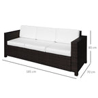 Outsunny 3 Seater Rattan Sofa, All-Weather Wicker Weave Metal Frame Chair with Fire Resistant Cushion, Brown