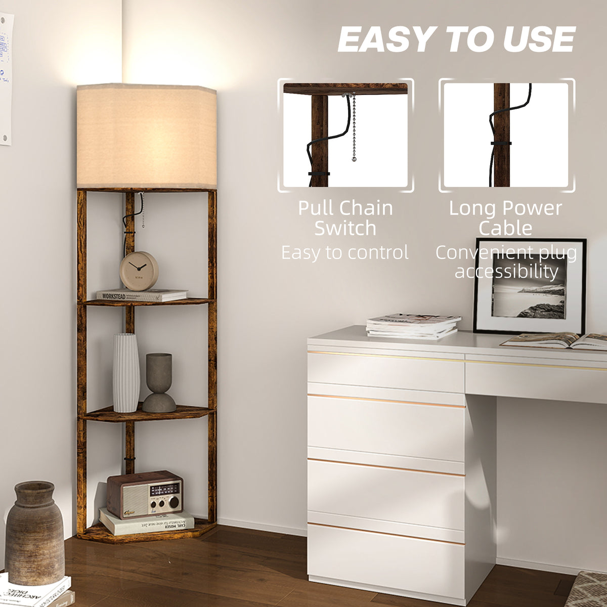 Corner Floor Lamp with Shelves, Tall Standing Lamps for Living Room, with Pull Chain Switch Bulb not Included, Rustic Brown