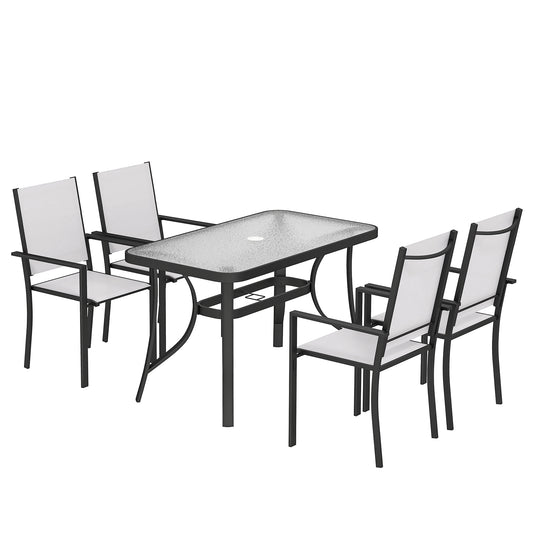 Outsunny Garden Dining Set for 4 with Umbrella Hole, Stackable Chairs and Rectangular Glass-Top Outdoor Table, Light Grey