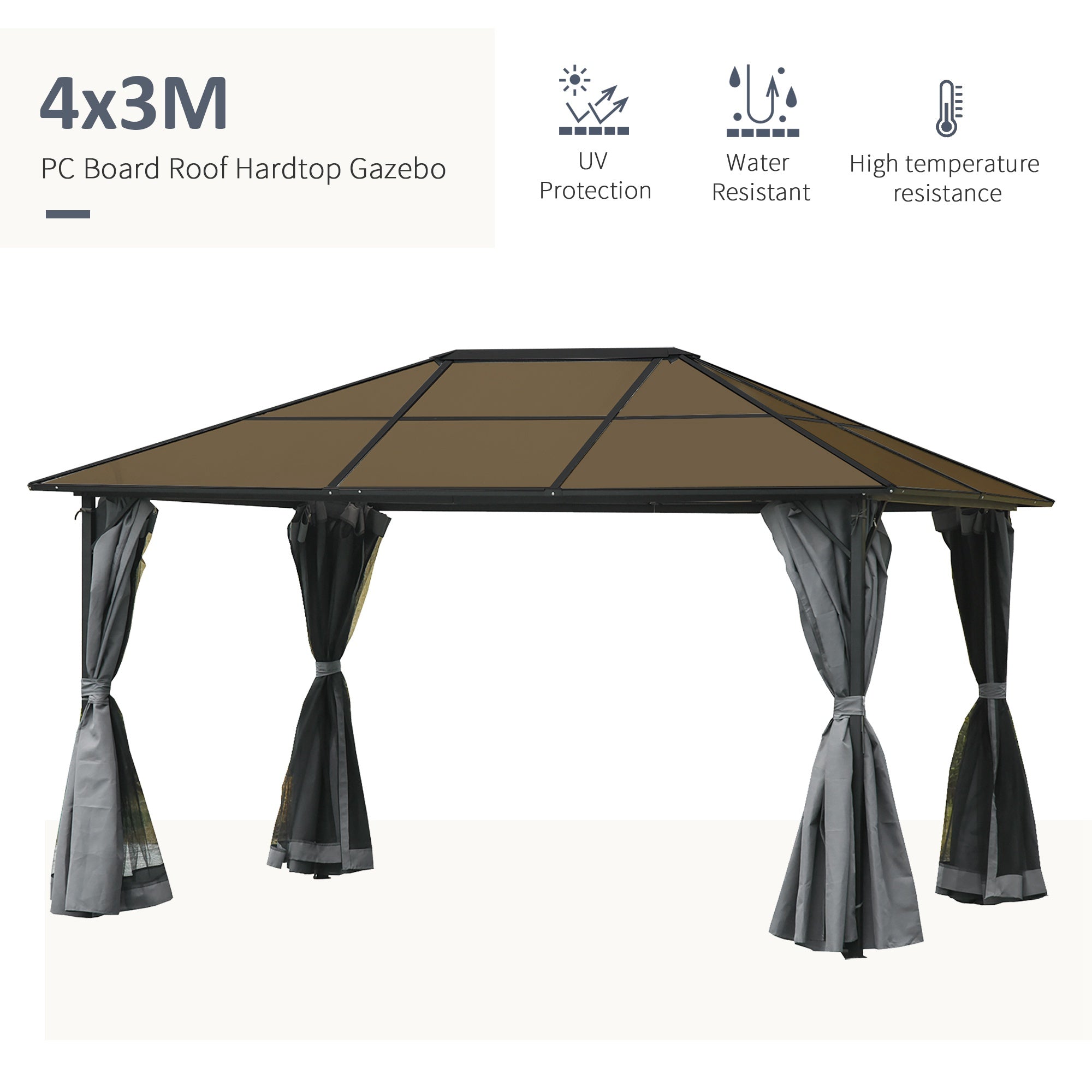 Outsunny 3 x 4m Hardtop Gazebo Canopy with Polycarbonate Roof, Aluminium Frame, Permanent Pavilion Garden Gazebo with Netting and Curtains - Grey