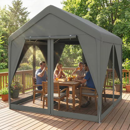 Outsunny 3 x 3 m Patio Gazebo with Netting & Curtains, Outdoor Canopy Shelter with Galvanised Steel Frame, Dark Grey