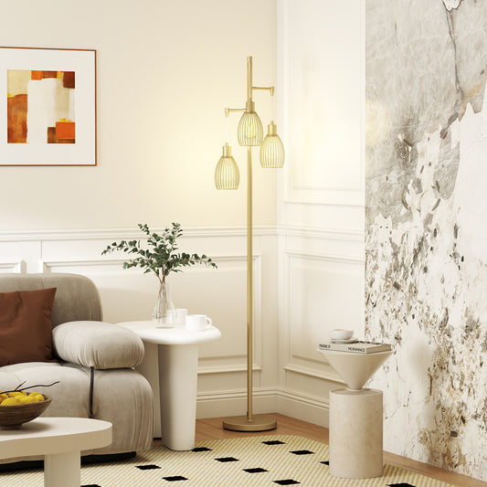 3-Light Floor Lamp, 170cm Industrial Dimmable Standing Lamp with Steel Wire Cage Lampshades for Living Room, Bedroom, Dining Room, Study, Bulb Not Included, Gold Tone
