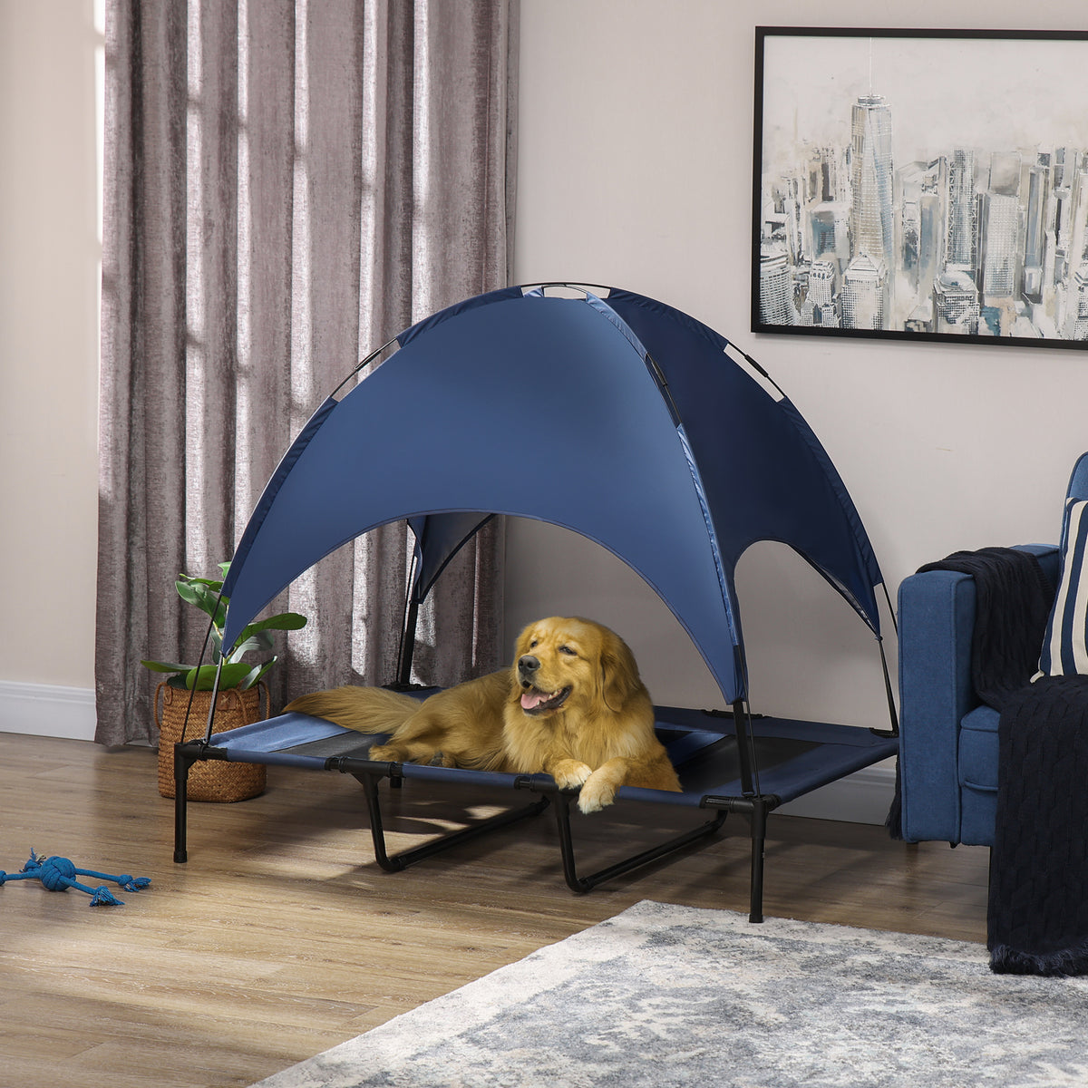 PawHut Outdoor Dog Bed with Removable Canopy, Portable Raised Dog Bed for Camping, Garden & Beach, Water-Resistant UV-Protection Mesh Pet Cot Sun Lounger, for XL Pets, 122 x 92 x 108 cm, Dark Blue