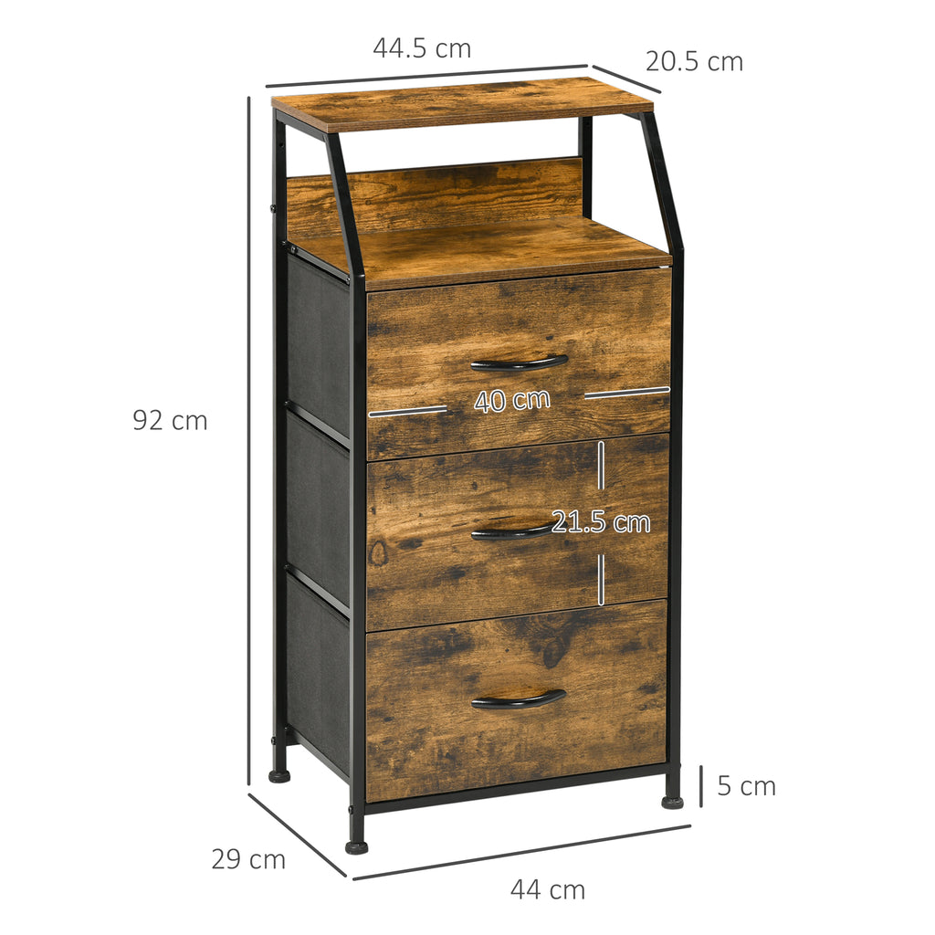 HOMCOM Industrial Storage Cabinet, Fabric Chest of Drawers with Display Shelves, 3 Drawers Storage Unit for Living Room, Rustic Brown