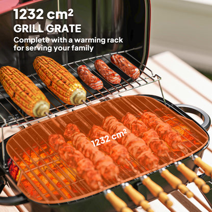 Outsunny Charcoal Barbecue Grill Folding Portable BBQ Grill for Camping with 1232 cm² Cooking Area, Adjustable Vent, Thermometer, Handles for Picnic, 59 x 37 x 36 cm, Red