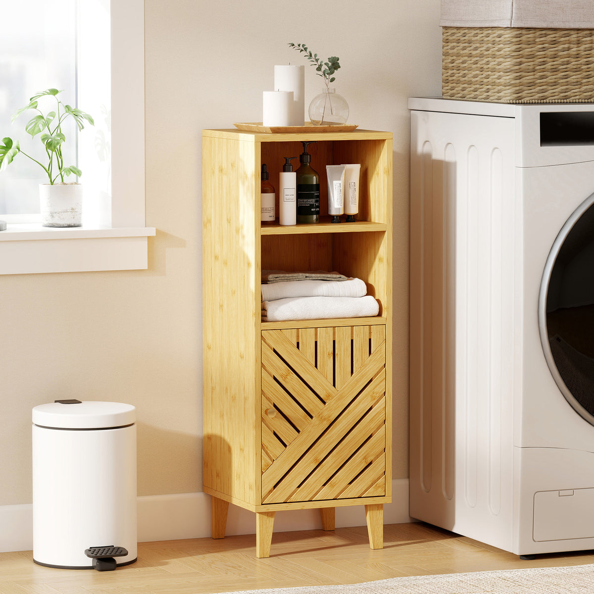 Slim Bathroom Cabinet with Bamboo Door and Legs, Narrow Bathroom Storage Cabinet, Freestanding Storage Cupboard with Open Compartments, 32 x 30 x 90 cm, Natural Wood Finish
