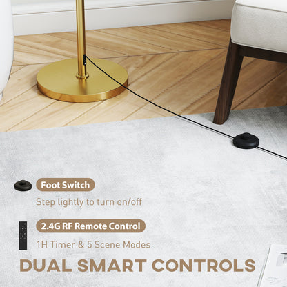 Floor Lamp with Remote, Height Adjustable Standing Lamp with Linen Shade, Dimmable with 3000K-6000K Adjustable Colour Temperatures, Foot Switch for Living Room Bedroom Office, Gold Tone
